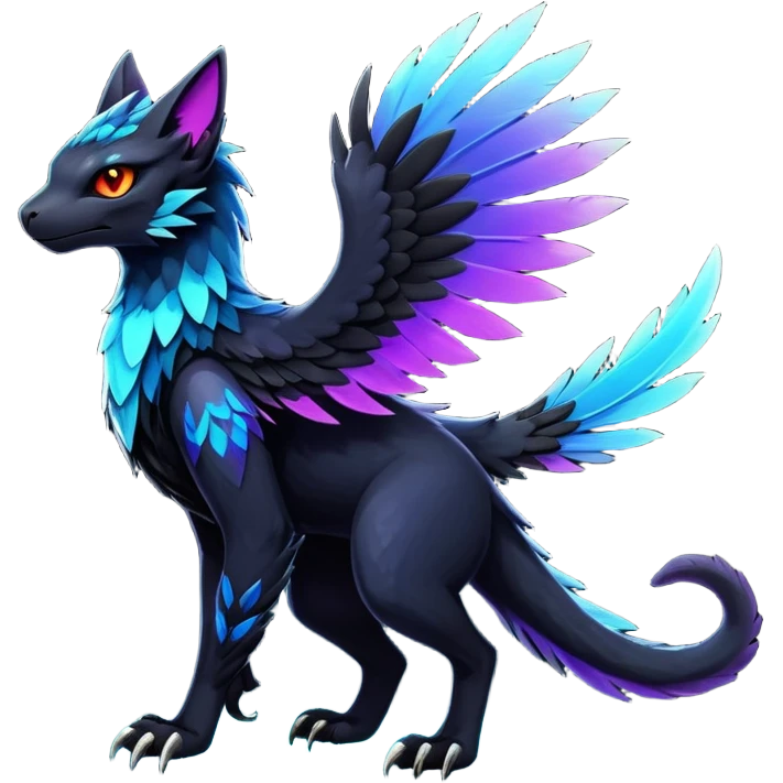 Black Dark Exotic Colorful Beaked Feathery Nocturnal Neon-glowing Abyssal Nightly Abyss-Cat-Gryphon-Salandit-Nargacuga-Silvally-Vernid-Sergal-Fakémon-Hybrid-Creature (full body) emoji