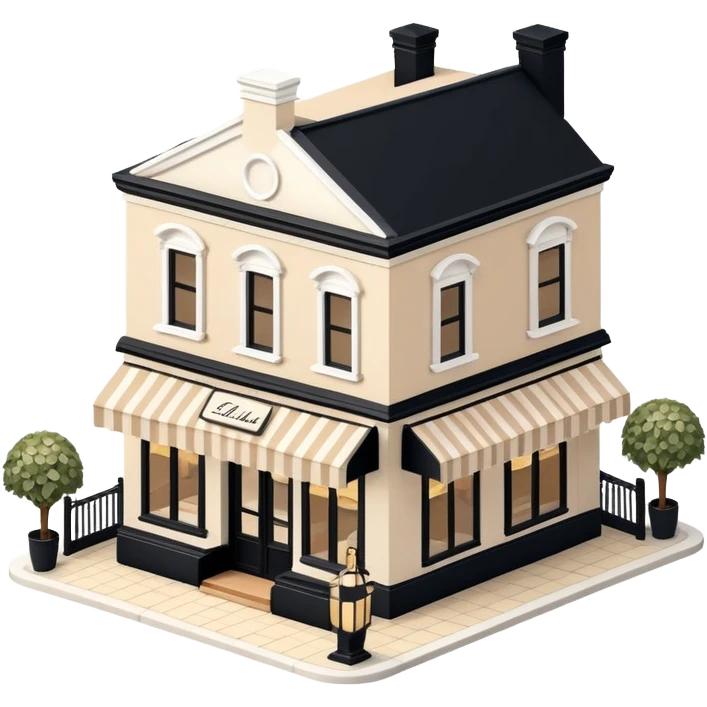 Isometric exterior little black, beige, and white fancy restaurant dollhouse style 3D realistic  emoji
