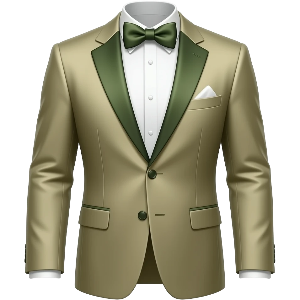 tuxedo jacket with bow tie, masculine, clean structure, elegant,  muted earthy palette with dark olive green, soft sage green, warm beige and creamy tones emoji