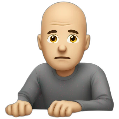 An unhappy stubbled man with bald hair sitting at the computer emoji