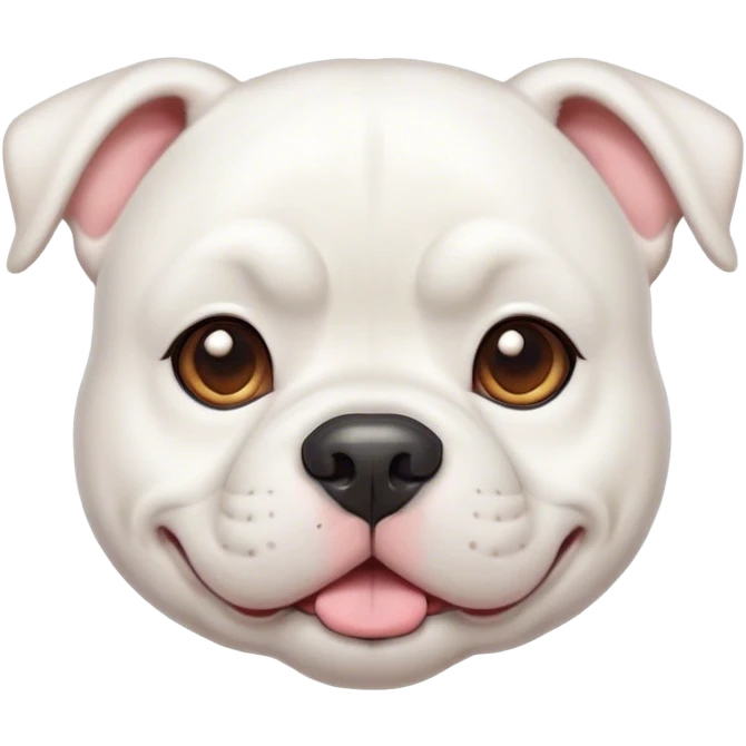 Cinematic Cute White American Bulldog Portrait Emoji, Head tilted playfully and inquisitively, smooth white fur with a healthy sheen, round, sparkling brown eyes filled with curiosity, Simplified yet irresistibly adorable features, highly detailed, glowing with a warm, friendly glow, high shine, affectionate and lively, stylized with a touch of whimsy, bright and endearing, soft glowing outline, capturing the essence of a mischievous yet loving pup, so playful it feels like it could bound out of the screen and into your arms! emoji