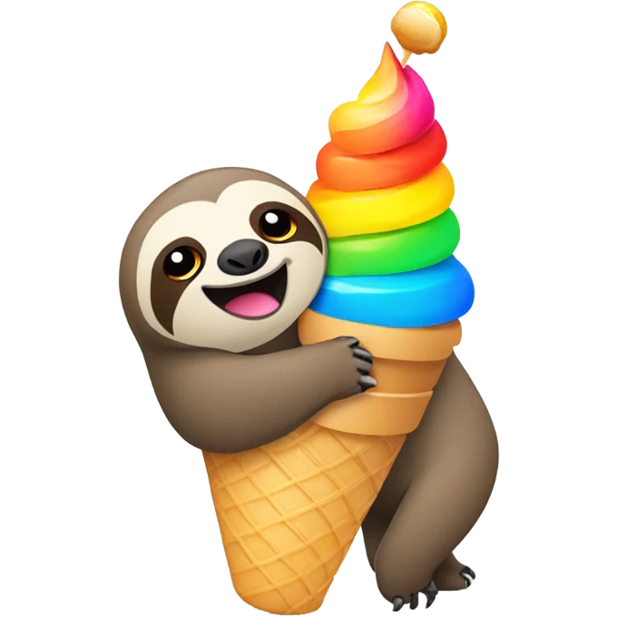 A sloth standing on top of a rainbow while eating an ice cream cone emoji