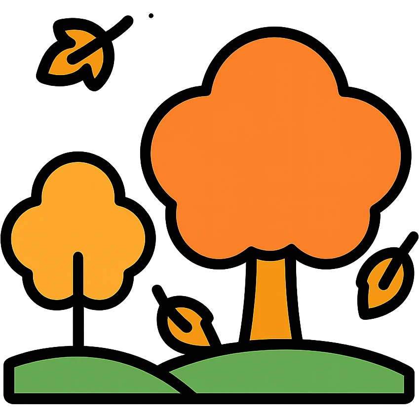 autumn fall scene with trees, orange foliage, and falling leaves emoji