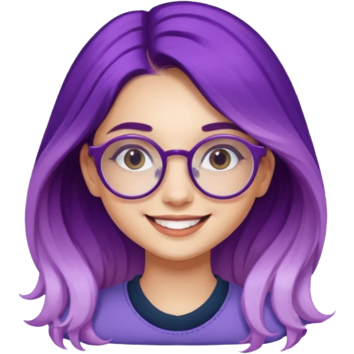 young girl, long purple ombre hair, retro round glasses, influencer, smiling, trend leader emoji