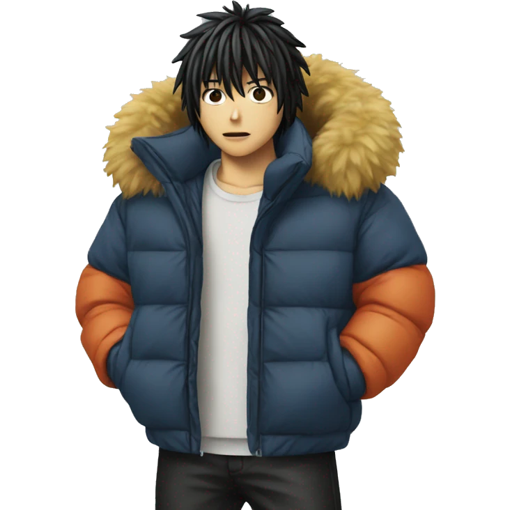 L from death note wearing a puffer jacket emoji