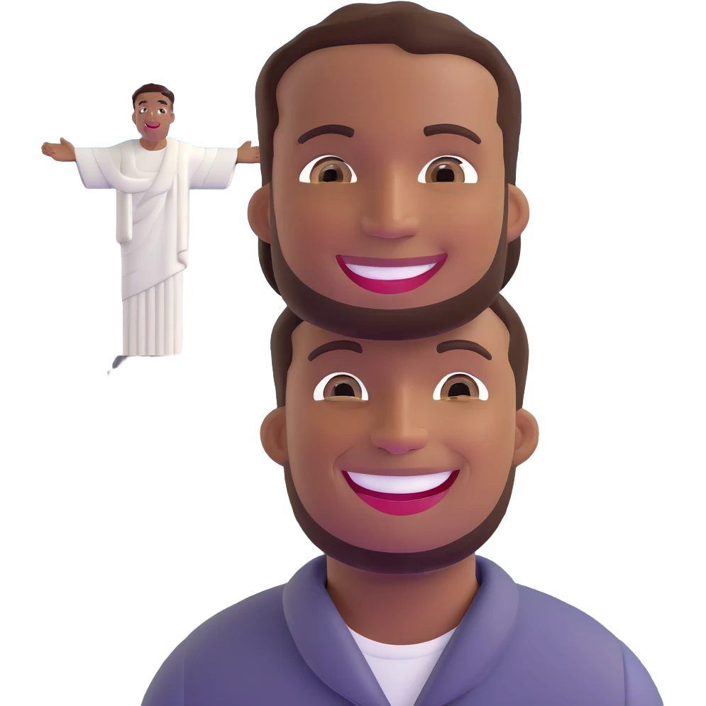 smiling black man with big teeth, standard male haircut, oval face, with Christ the Redeemer statue in the background, Rio de Janeiro, no glasses emoji