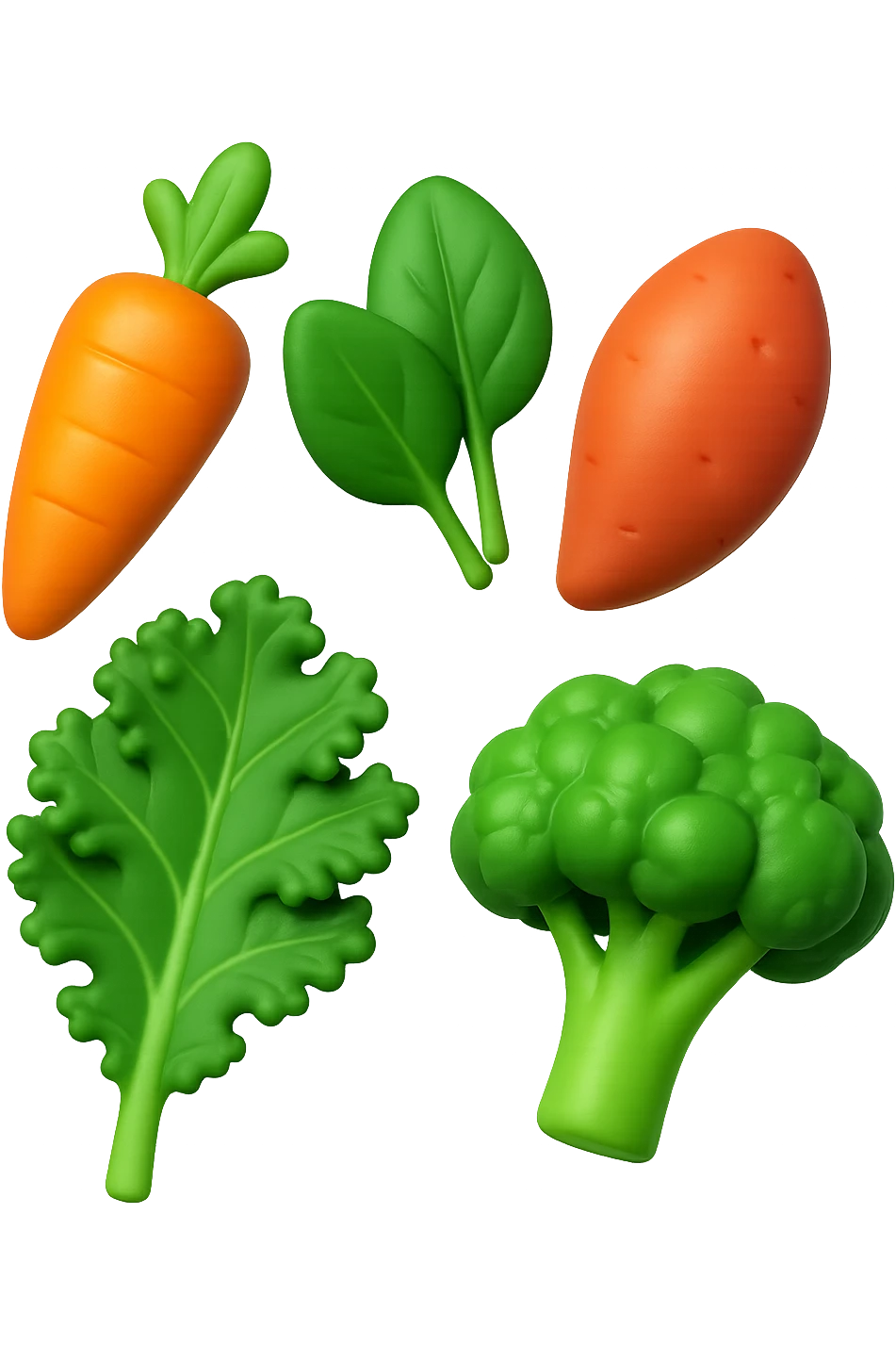 emoji 3d stile iphone di cinque cibi vegetali, vitamina A e glutammina che fluttuano in aria 3d emoji