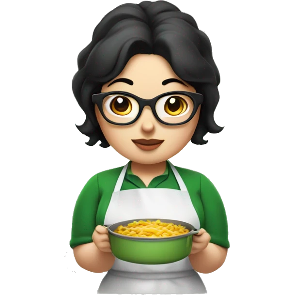 chubby lady with black hair green apron  with glasses cooking  emoji