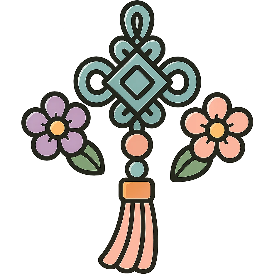 Chinese happiness knot with floral decor, icon-color-outlined style, detailed shadows and highlights, thin clean contours, soft rounded shapes, pastel palette #98B5BC, #B5B3C1, #C9A3C9, #E4C0CA, #F7DCD1, #F7C0AA, modern Japanese pop art and sticker aesthetics, high detail, vector sharpness, soft lighting, transparent background emoji