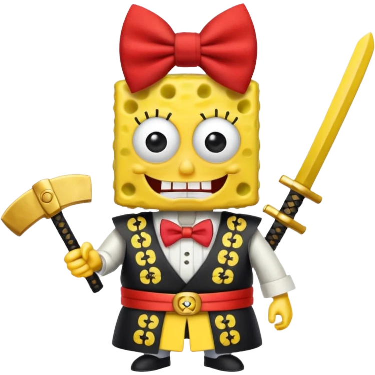 SpongeBob, wearing japan samurai custome, red bow tie emoji