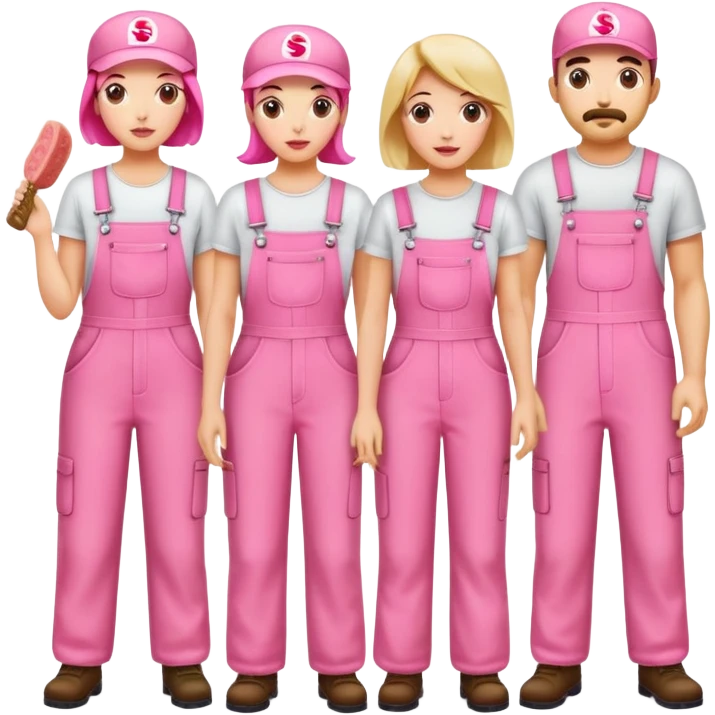 group of artists wearing pink overalls protesting for spam meat art emoji
