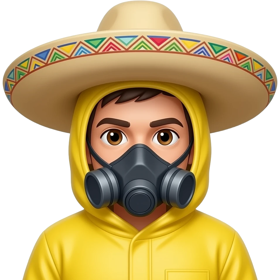 mexican man dark brown hair brown eyes yellow hazmat suit with hood on and mask with sombrero emoji