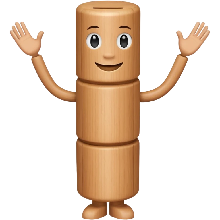 A wooden cylinder with a  face with arms and legs  emoji