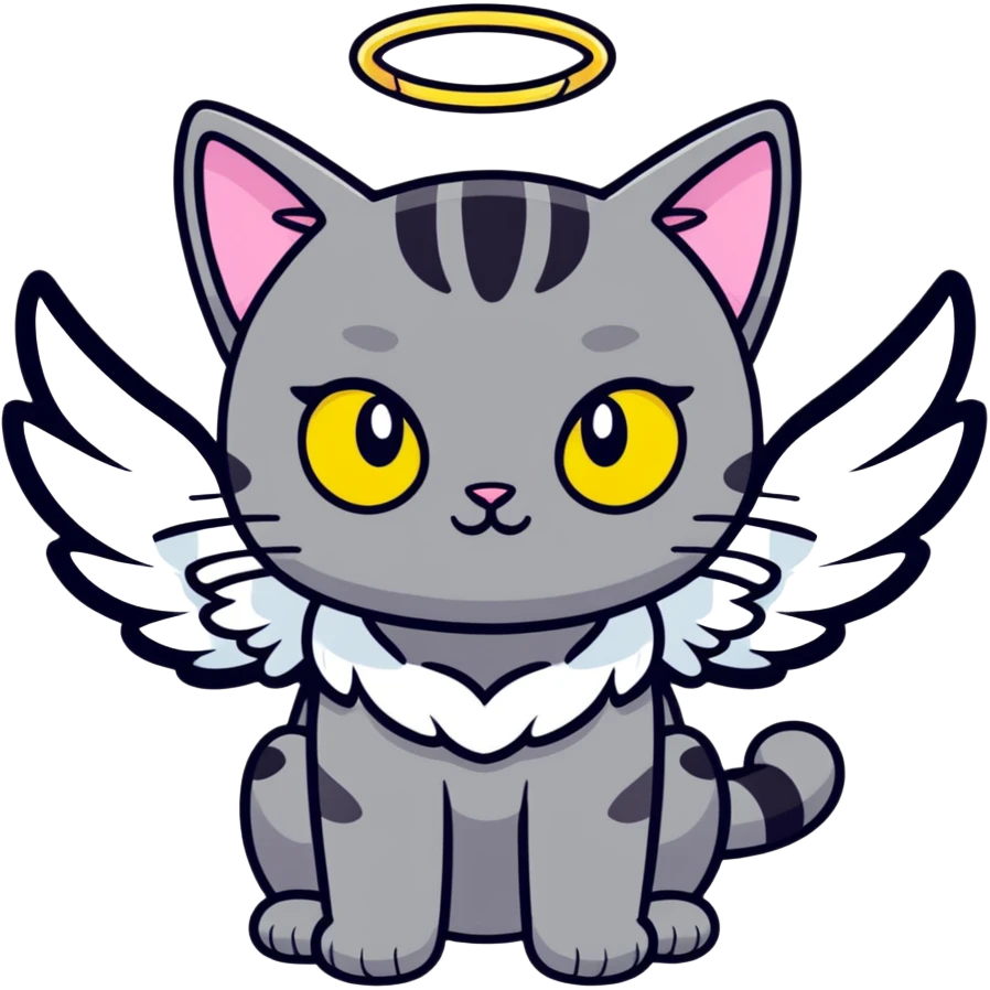 Dark gray short haired domestic cat with light pink ears and greenish-yellow eyes with angel wings  emoji