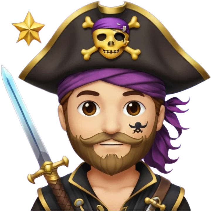 Um emoji com um pirata com uma máscara com cor de galáxia e uma estrela de galáxia e um espada cor galáxia emoji