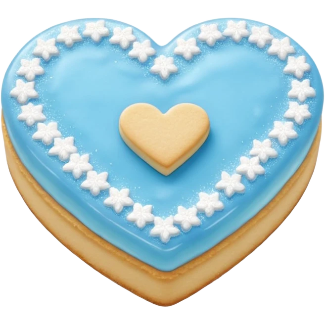 Realistic shortbread cookie in the shape of a heart with baby blue jelly middle filling and sprinkled powder sugar on top. emoji