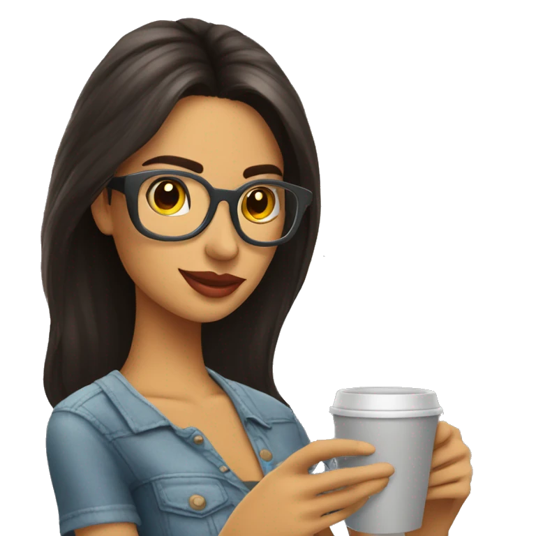 Chica morena leyendo con gafas y cafe emoji