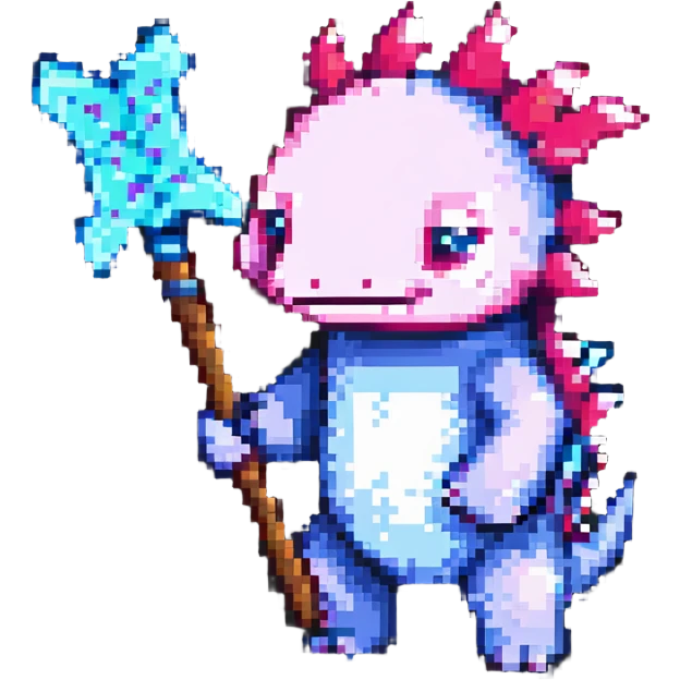 Minecraft axolotl holding a pickaxe, pixel art style, vibrant colors, blocky design emoji