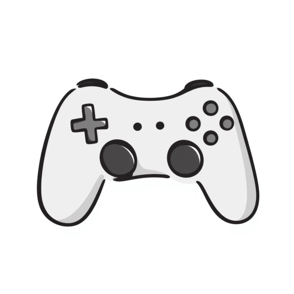 A video game controller/joystick with buttons and D-pad in pastel colors (dd9fb0, ffc6d3, a3bfc9, c4bee2, f1b091), hand-drawn doodle style emoji