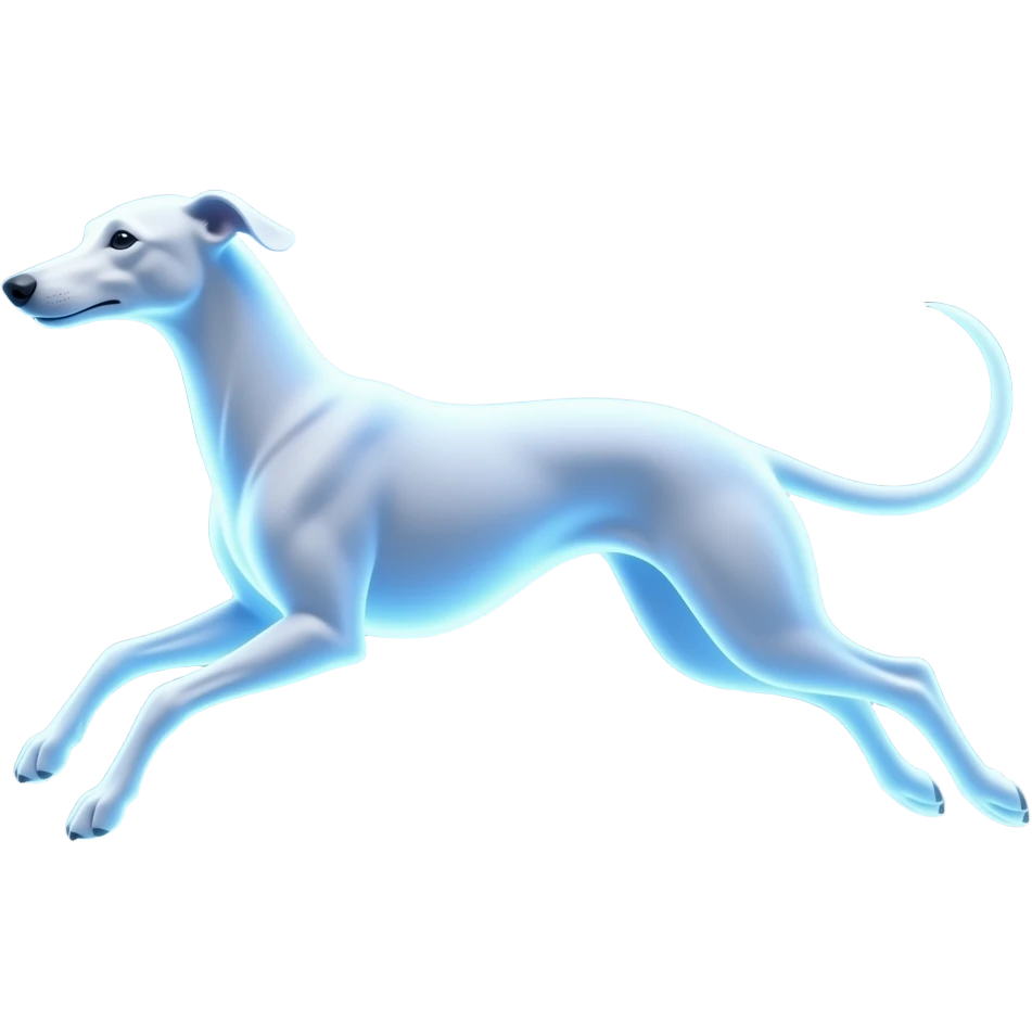 glowing magical greyhound dog made of light, slim elegant body, running pose, blue-white aura, centered, 3D glossy emoji style, clean background emoji