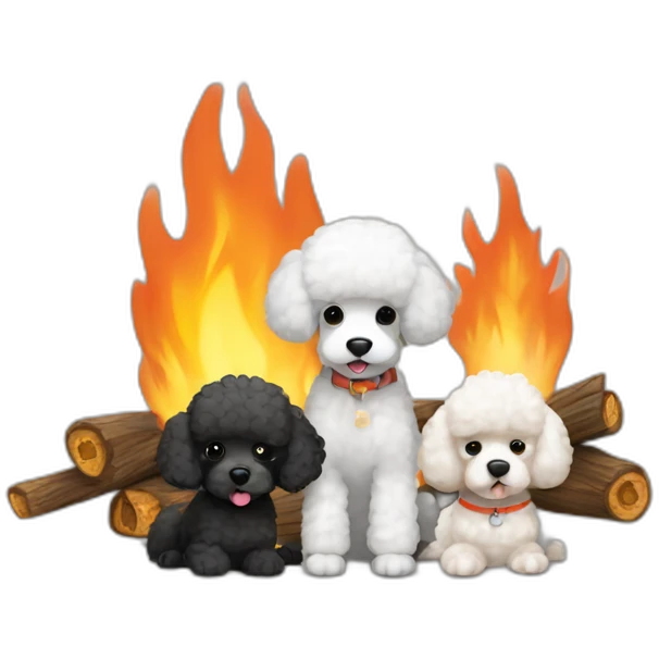 Two Black and one white poodle gathered around campfires emoji