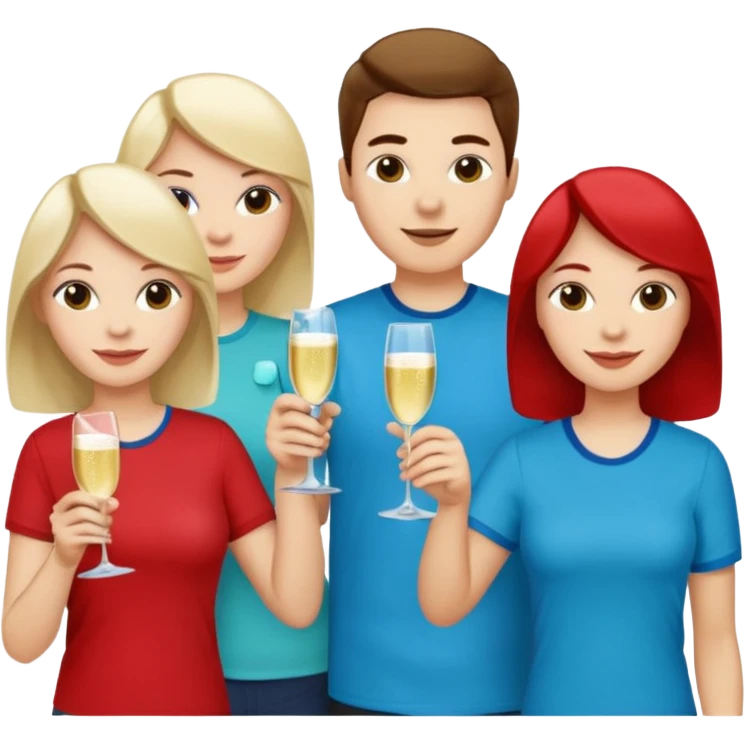 A large crowd of adults in casual clothing with red, aqua and blue shirts with drinks chatting at an afterwork meeting emoji