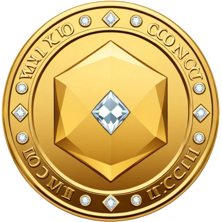 Create a high-quality 3D render of a shiny yellow/gold coin. In the center of the coin, place a diamond-shaped logo (“wajik”). Around the logo, engrave the text “Rusoconnect Network” in a circular layout. emoji