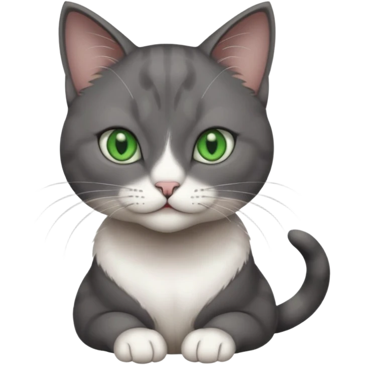 full body view of beautiful female solid dark grey cat with green eyes, grey face, white toes/paws and small white patch on her chest emoji