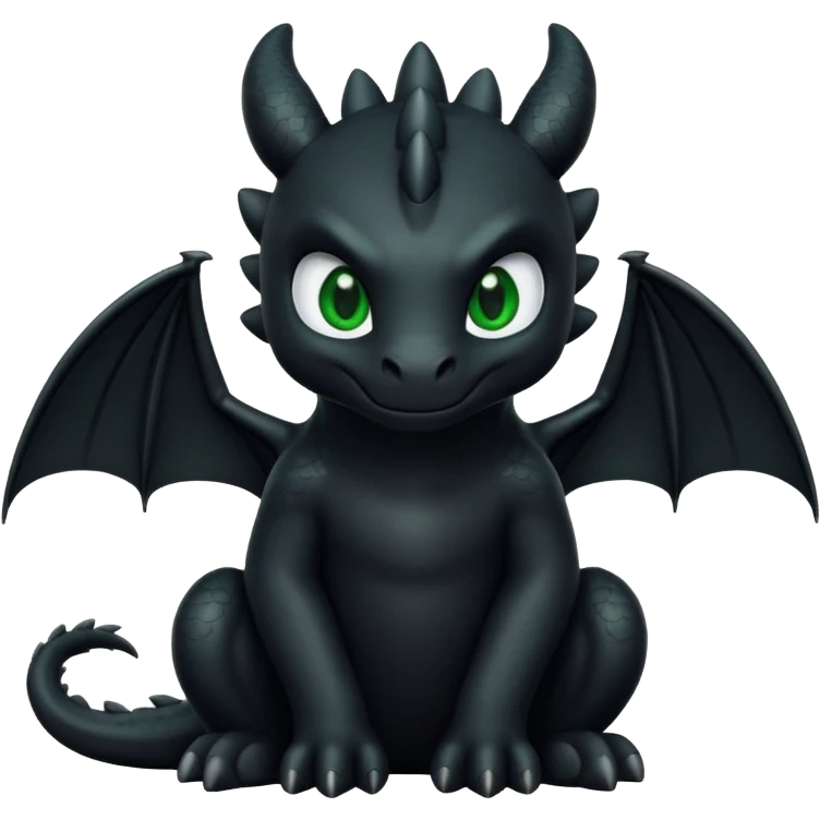 black Night Fury dragon sitting with big green eyes, emoji style emoji
