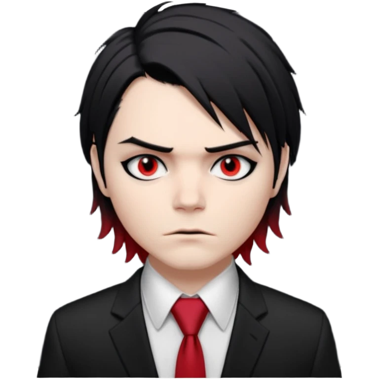 Gerard Way (Revenge Era)
Round, simplified emoji style
Pale skin tone
Jet-black, shoulder-length hair messy and emo
Heavy eyeliner and slight red shadow under the eyes
Subtle serious
Hint of red tie visible on black button up shirt.
Transparent background. Black eyeliner. Messy emo hair emoji