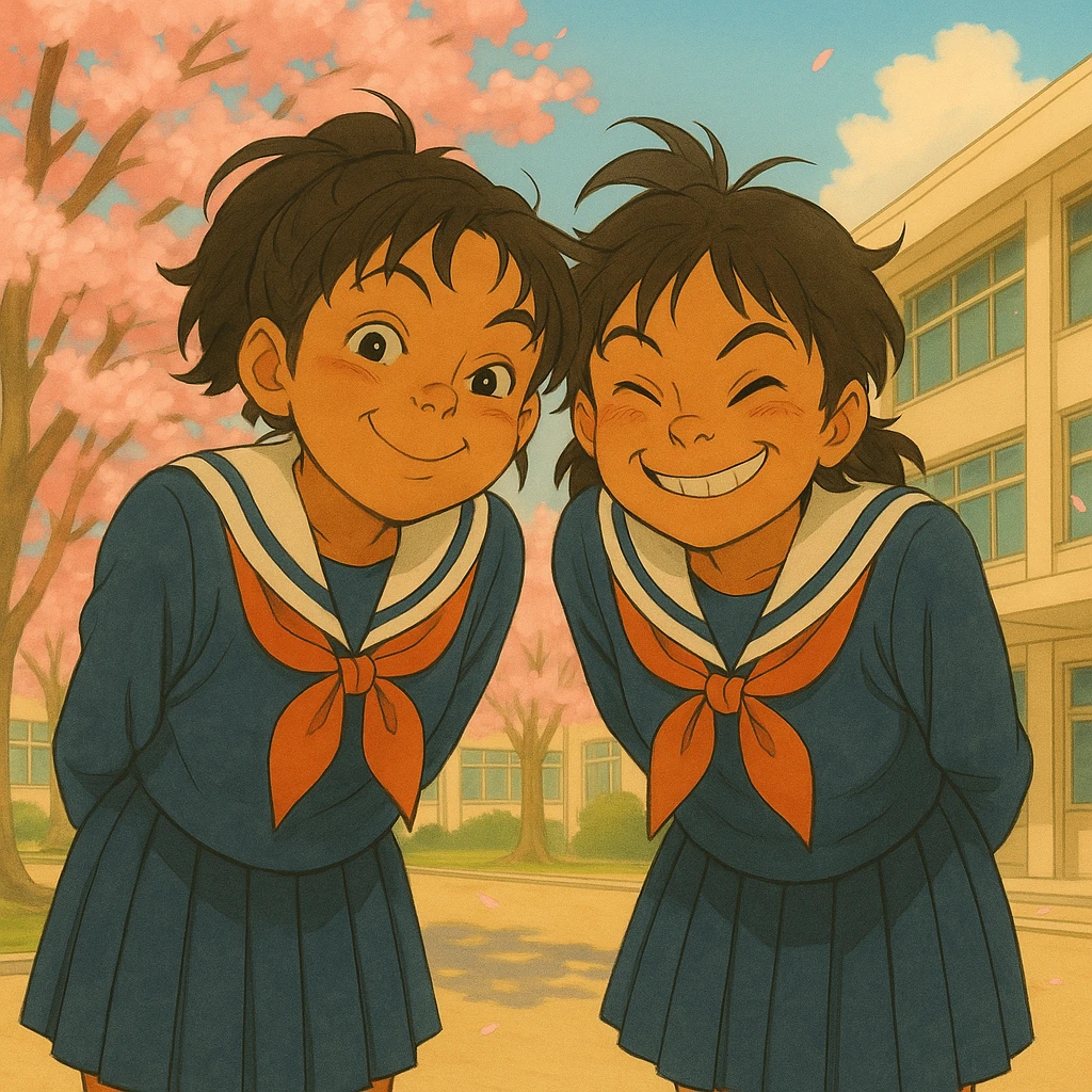 Add a friend beside the Japanese brown-skinned high school girl, both in Tokyo high school uniforms, leaning forward with mischievous smiles, cherry blossoms in the background, in Ghibli anime style. emoji