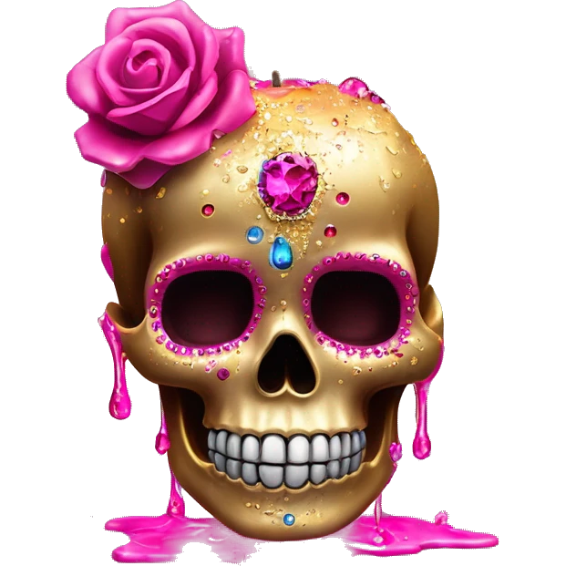 Realistic hot pink sugar skull decorated with colorful rhinestones with metallic gold candle on top of its head dripping meltdown metallic gold wax down skull emoji