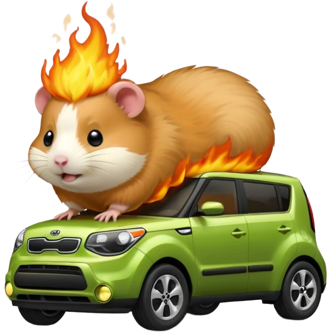a hamster standing next to a green kia soul on fire emoji