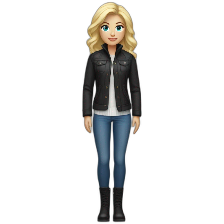 blond tall blue eye female designer with sports jacket and white turtle neck sweater black boots and blue jeans emoji