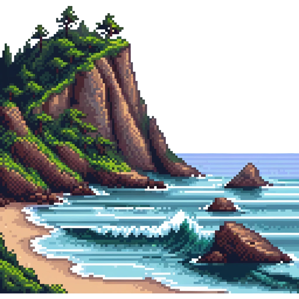 scenic coastline with waves and cliffs in pixel art style emoji