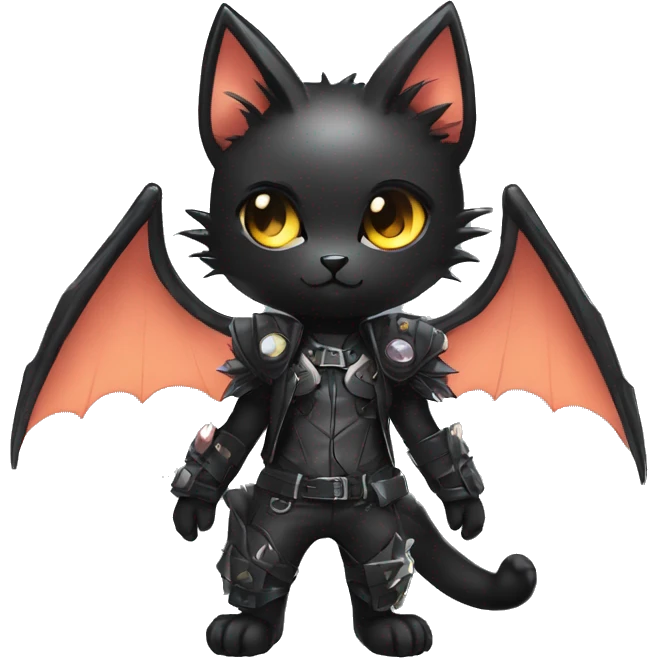 Shiny Chibi Cool Punk Black beautiful fantasy Kawaii Sona Fakemon-cat-animal with edgy bat-wings-ears Full Body emoji