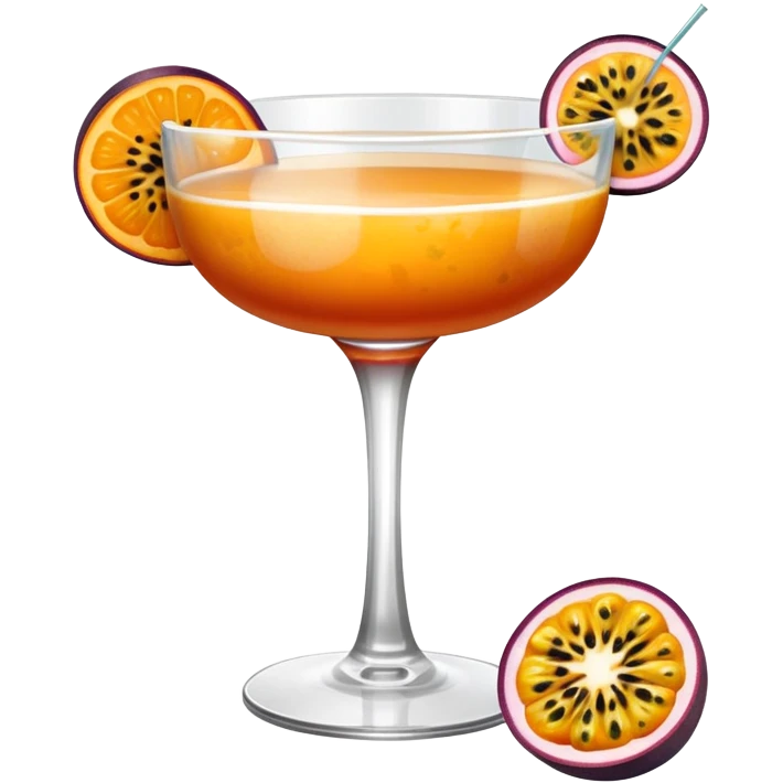 Dark orange cocktail with white top and passion fruit garnish in a coupe cocktail glass emoji