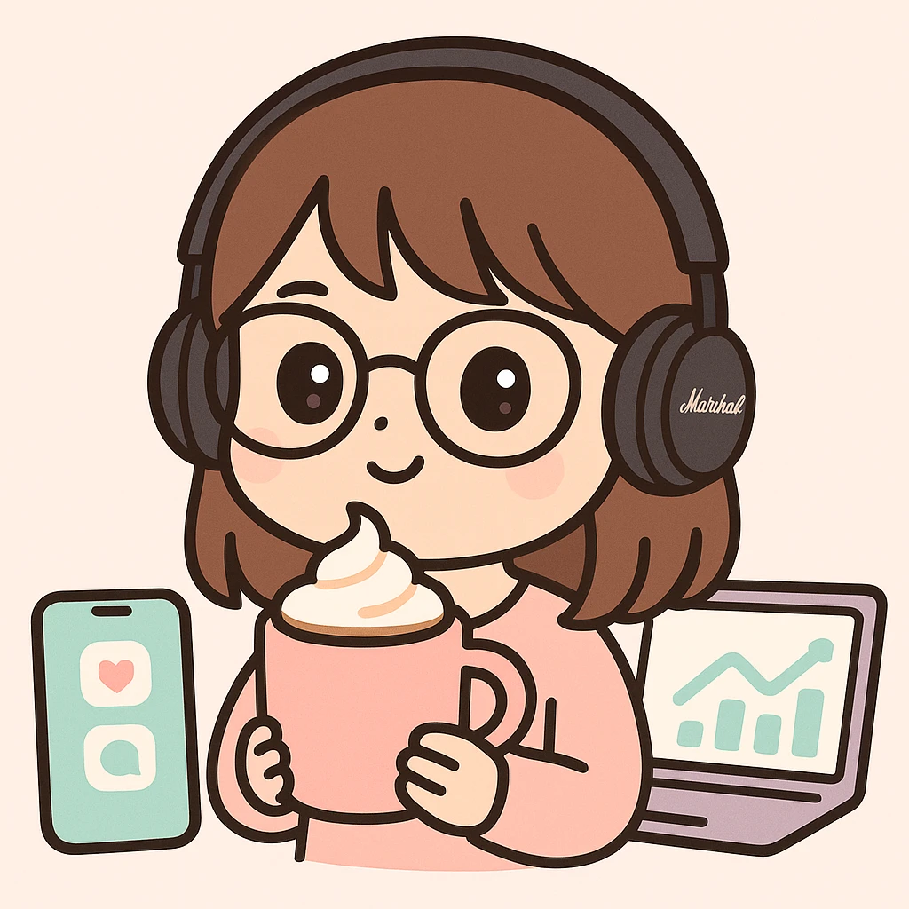 A girl with shoulder-length brown straight hair, wearing black-rimmed glasses, light skin, brown eyes, and black Marshall headphones, drinking a cappuccino. She is a social media manager, so include visual elements like a phone with social media apps or a laptop with analytics. emoji