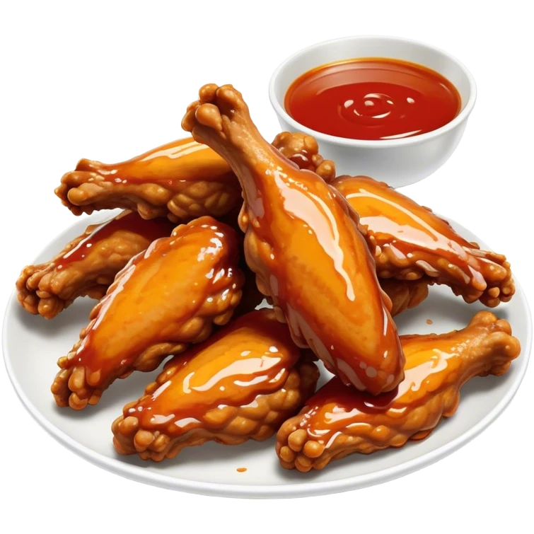 Cinematic crispy chicken wings, golden-brown and glazed with spicy sauce, crunchy coating, juicy inside, piled high with dipping sauce on the side, ultra-realistic and mouthwatering, inviting and bold. emoji