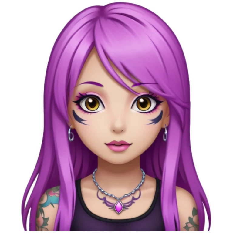 hime gyaru girl, long straight pink and purple hair, tattoos, dark makeup, dark background emoji