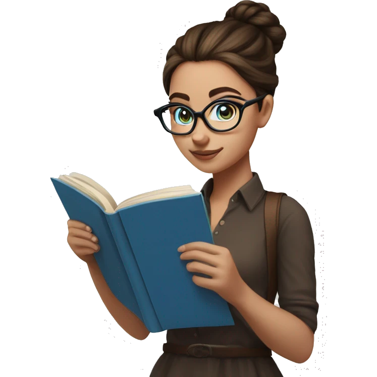 Blue eyed girl with Messy bun brunette haired girl with blue eyes reading a book and wearing glasses  emoji