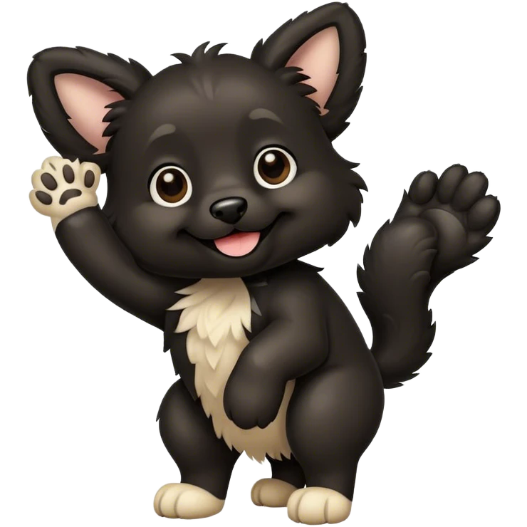 Black and fluffy dog smiling lifting his paw emoji