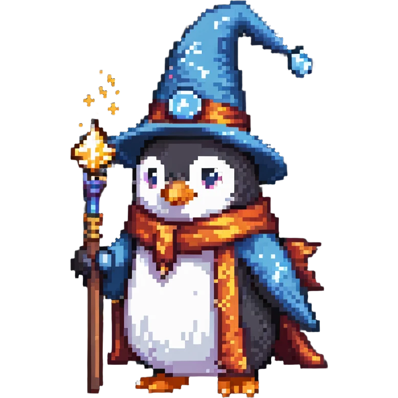 penguin wearing a wizard hat and robe, holding a magic wand emoji