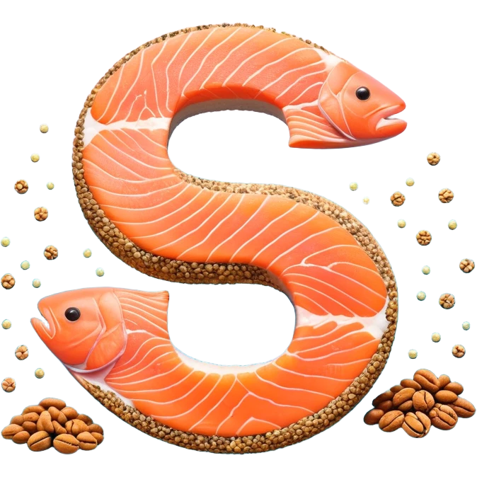 Floating arrangement of omega-3 rich foods: fresh salmon fillets, walnuts, flaxseeds, chia seeds and golden omega-3 capsules, all emitting a soft golden glow. The foods orbit around a central shimmering omega symbol, with gentle flowing energy connecting them. emoji