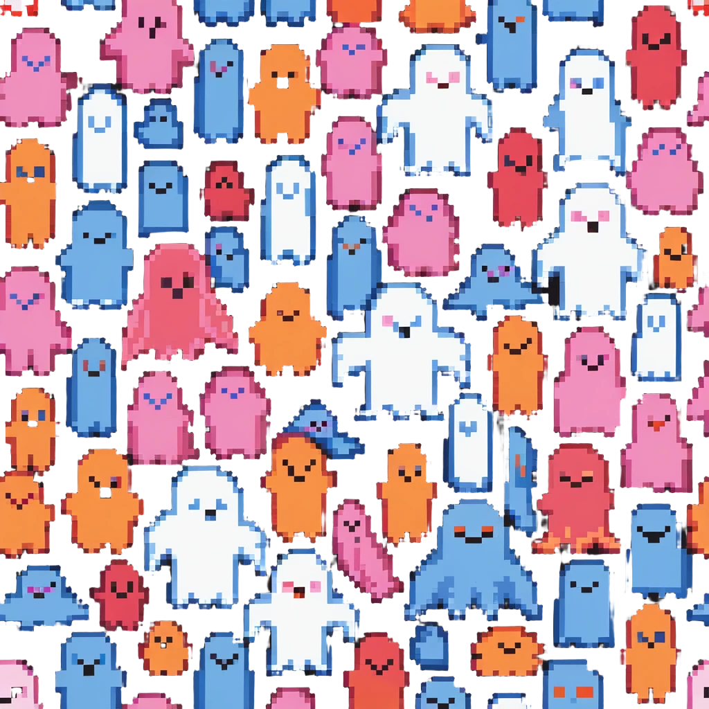 The four classic Pacman ghosts (red, pink, blue, and orange) in 8-bit pixel art style emoji