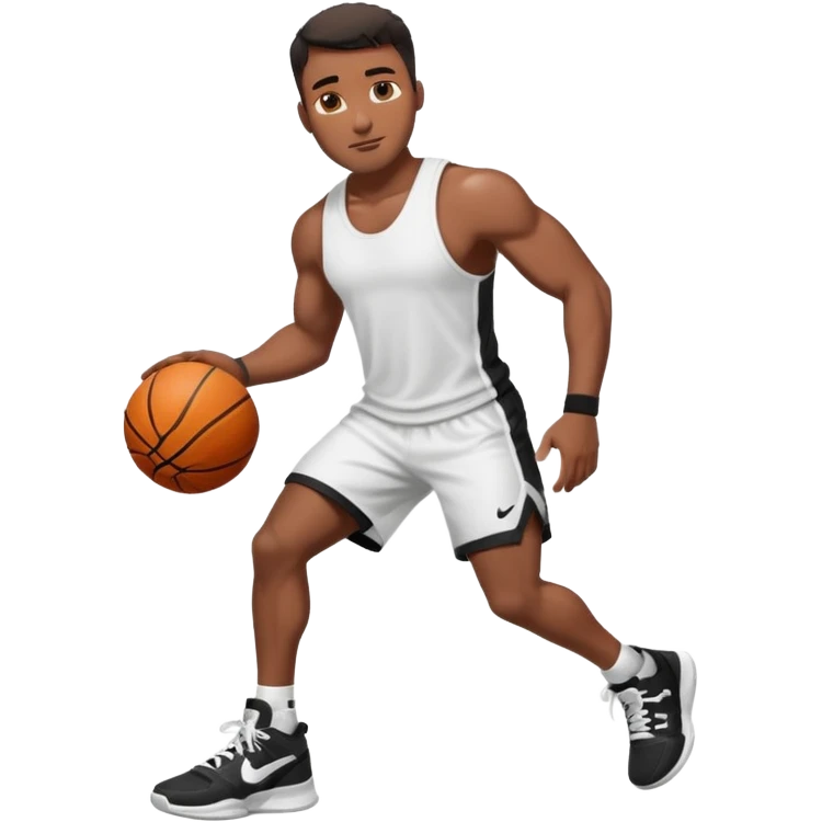 Handsome Black guy with brown skin tone, with muscular build, wearing black basketball shorts, a white tank top, and Nike sneakers emoji