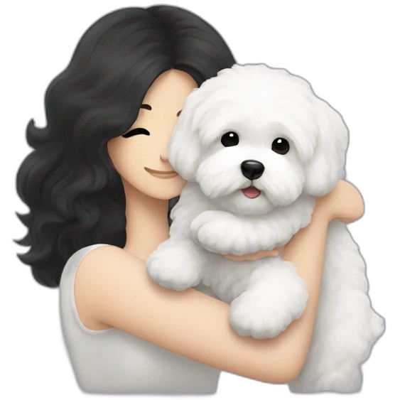 a long black-haired white woman hugging white maltipoo emoji