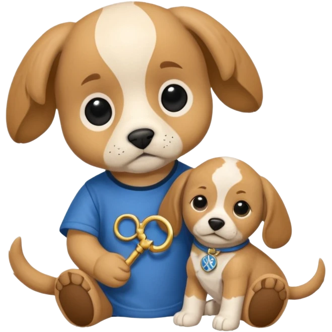 Puppy wearing a shirt with the zodiac symbol for Gemini. Puppy is chewing on a Harry Potter doll.  emoji