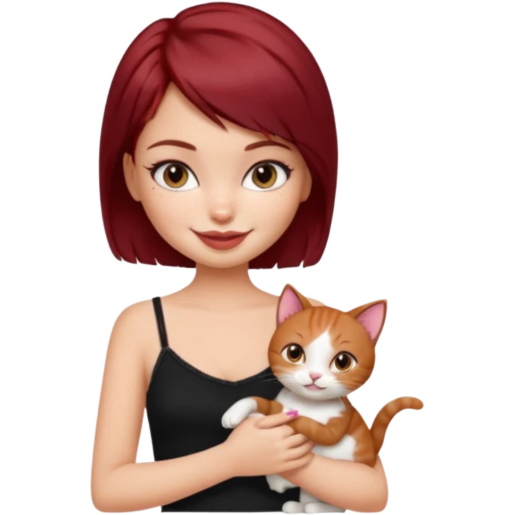 generate a pretty bratz girl with short dark red hair holding a cat smiling. Wearing a black cami emoji