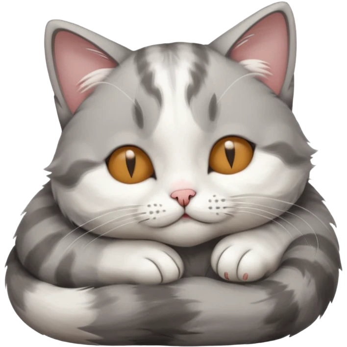 grey and white small cat with its eyes closed lying down with its head resting own paw emoji